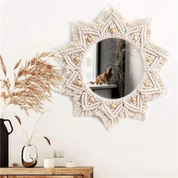 Boho Wall Decor Mirror Macrame Circle Hanging Mirror for Bedroom Living Room - Picture 3 of 5